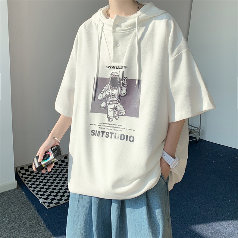 夏季港风冰丝宽松连帽短袖t恤五分体恤上衣TLM21127-P40控58,男装T恤,电商B370