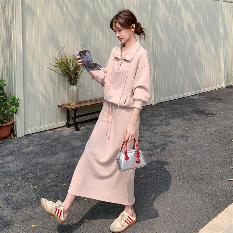 浅粉色休闲立领卫衣两件套装2025新款女春季韩版气质半身裙一整套,女装套装/套裙,2C051