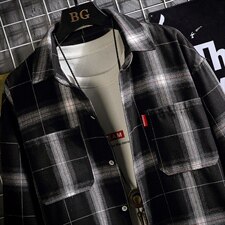2021秋季新日系网格风大码男宽松休闲工装格子衬衫C3053-P40，男装衬衫，电商A001