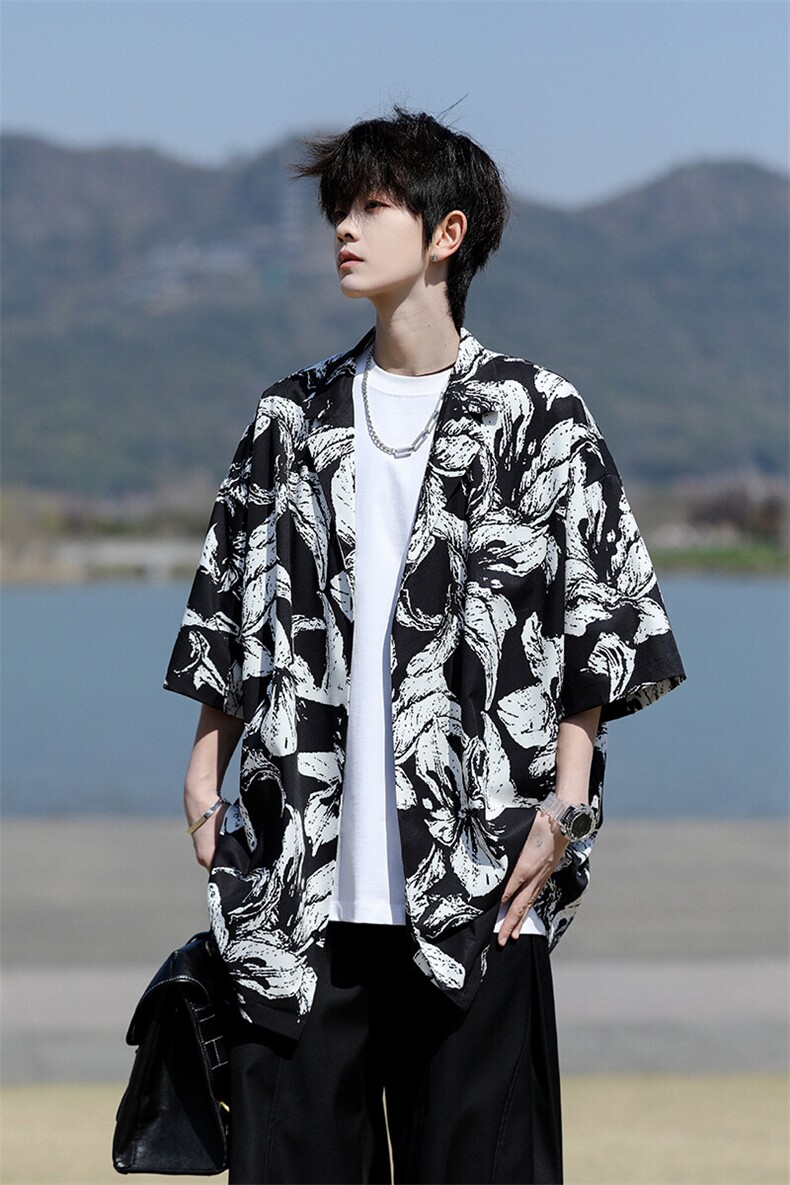8XL-M冰丝凉感衬衣垂感透气复古花纹宽松男五分袖短袖衬衫CS526,男装衬衫,电商D206-1