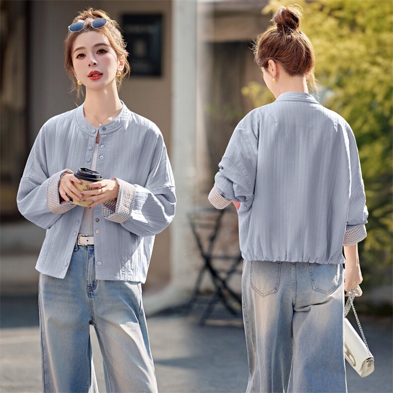 时尚格子卷边袖外套女短款2025开春新款韩系单排扣洋气减龄夹克潮图片