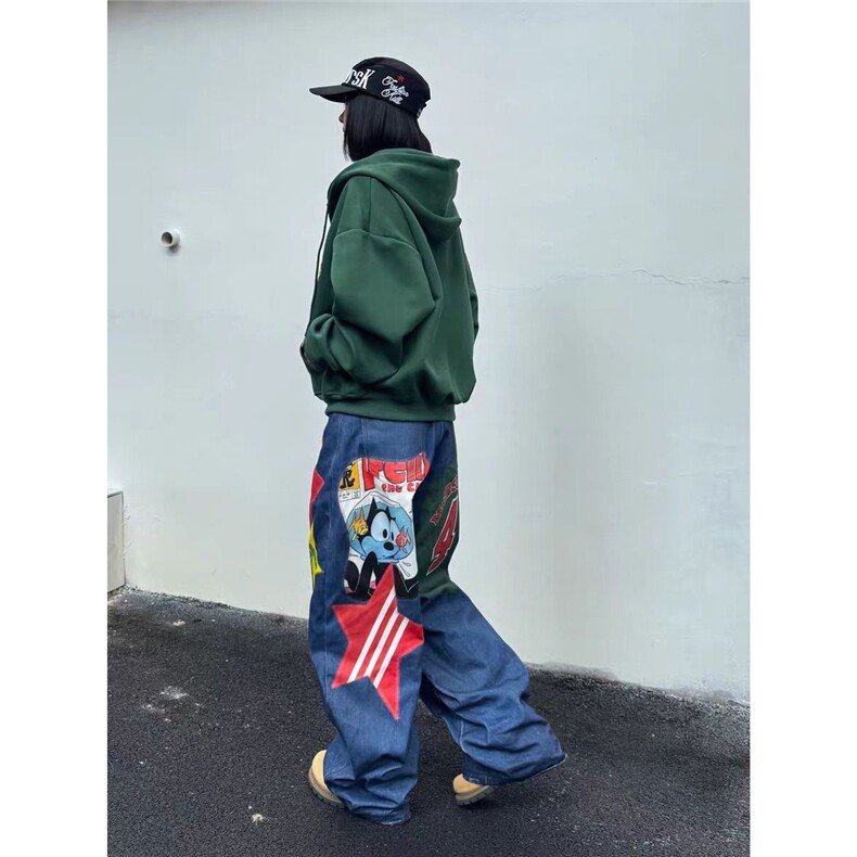 美式复古纽扣绑带叠穿弯刀牛仔裤男2025秋季新款设计感宽松阔腿裤,男装牛仔裤,星座715-4