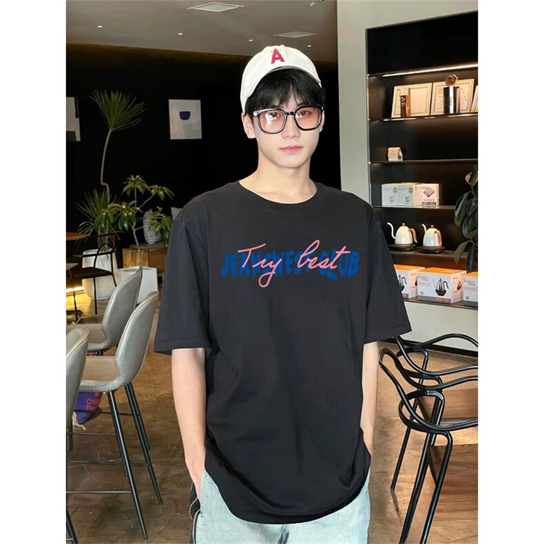 抖音得物210克现货宽松纯棉美式潮牌印花落肩袖纯棉T恤AT21120,男装T恤,电商A443