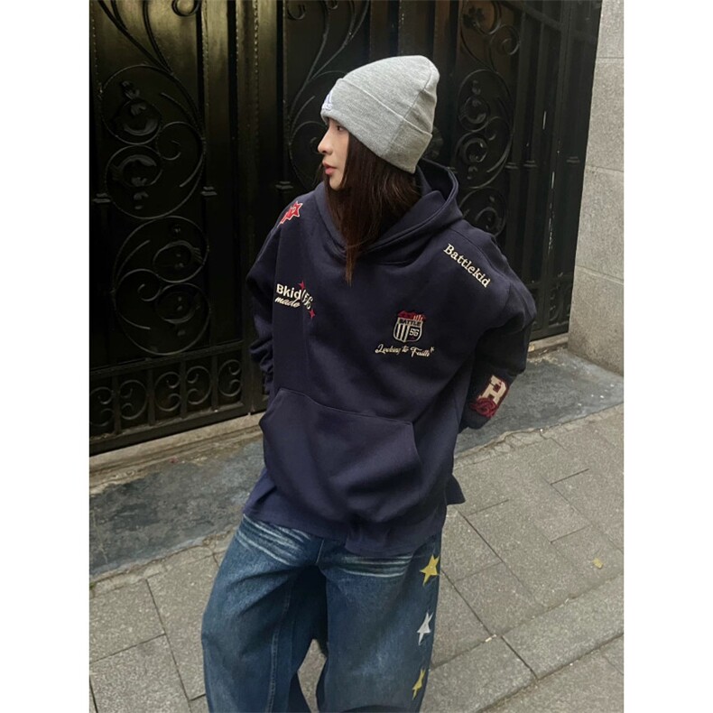 706-1-WW211-P48现货春季美式复古徽章刺绣连帽卫衣男女外套，女装短外套，星座706-1