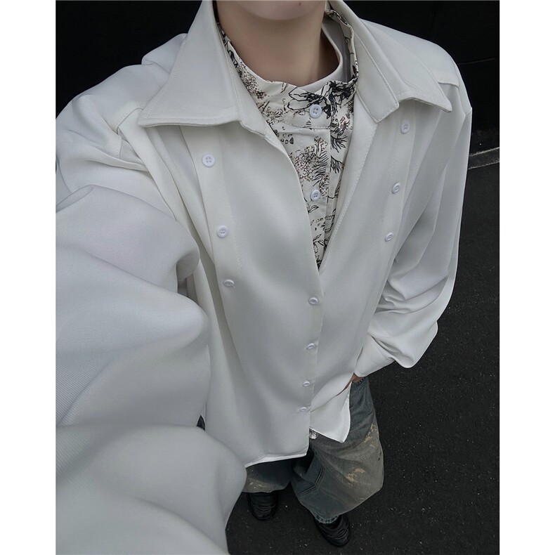 潮流男士花卉印花领翻领假两件休闲长袖衬衫上衣男潮特P52图片