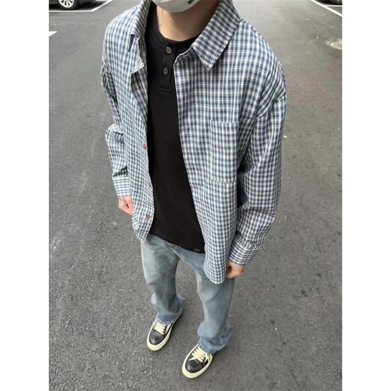 1506/QC160/P39美式高街蓝色格子衬衫叠穿衬衣潮牌情侣外套,男装衬衫,星座1506