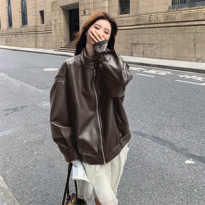 甜酷风美式复古黑色皮衣外套女春秋2025新款超火爆款高级感PU夹克,女装皮衣,2D076
