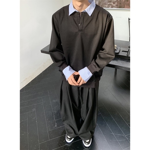 抖音得物高品质26春装美式高街假两件衬衫领长袖卫衣POLO领打底衫图片