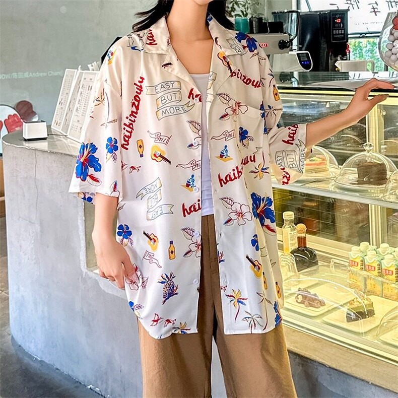 度假套装复古花衬衫短袖男女情侣装痞帅碎花沙滩休闲CS108/P32,女装衬衫,星座506