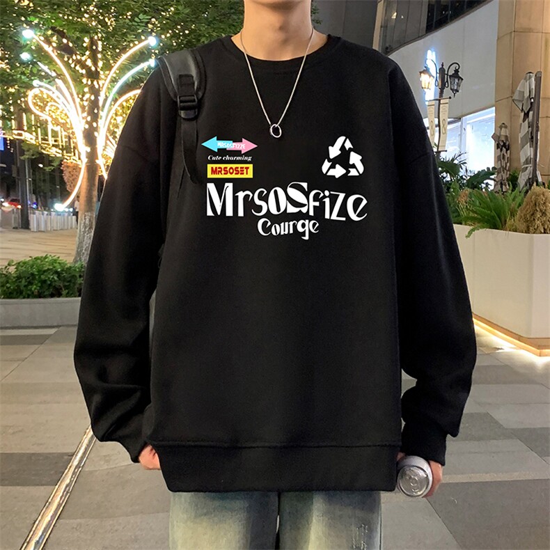 W570港风套头宽松圆领春秋季卫衣男无帽外套长袖打底衫,男装T恤,星座304A-1