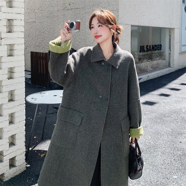 灰色慵懒风翻领双面羊绒大衣女2025冬新款高级感宽松气质毛呢外套图片