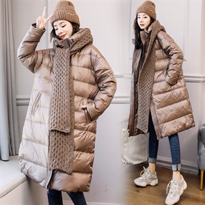2022冬季新款气质休闲宽松可拆卸连帽围巾装饰保暖舒适羽绒服80%，女装羽绒服，时尚俏佳人