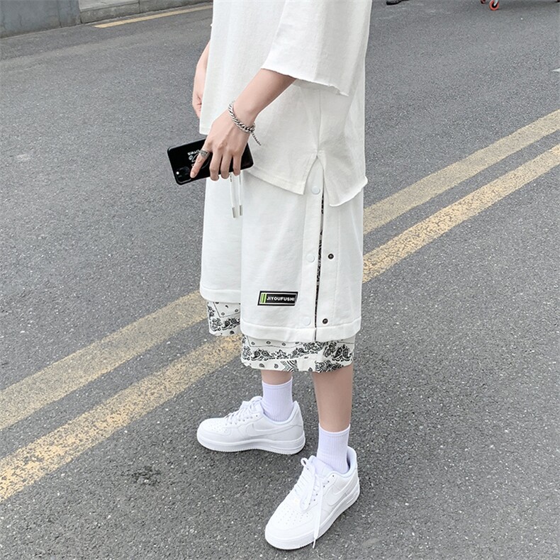 ins美式潮牌短裤高街排扣篮球运动裤情侣假两件休闲五分裤DX08-28,男装休闲裤,星座1008