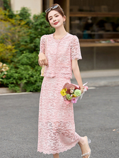 时尚套装女2026夏季新款妈妈装洋气减龄蕾丝拼接上衣半身裙两件套，女装套装/套裙，沁沁公主