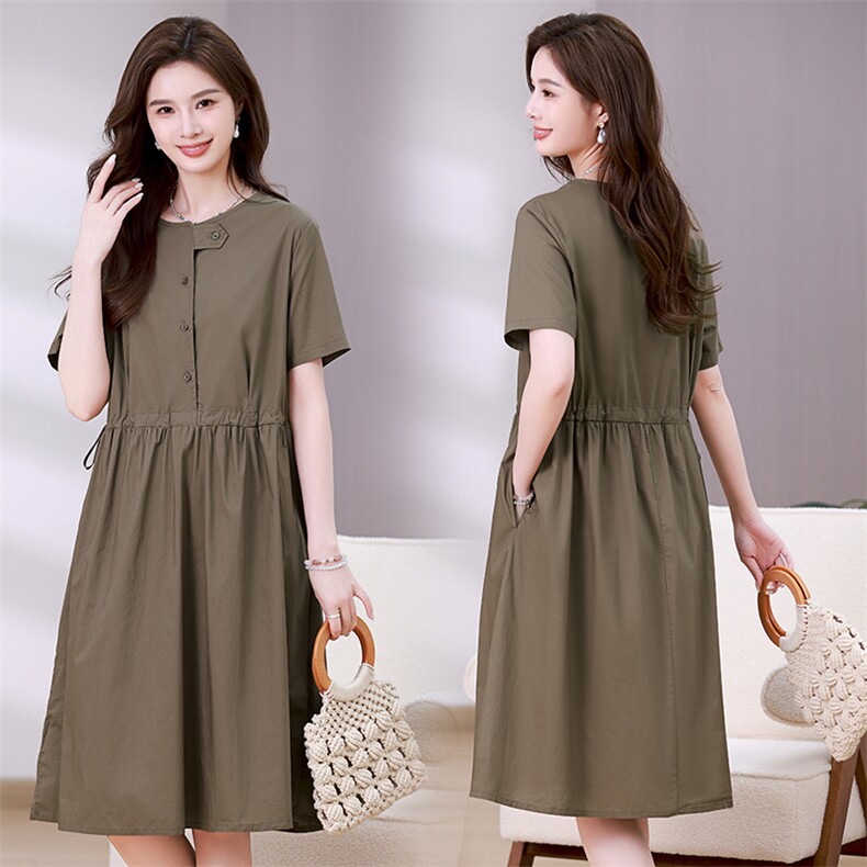 2025年夏季休闲套头圆领短袖纯色中长款连衣裙，女装连衣裙，简韵佳