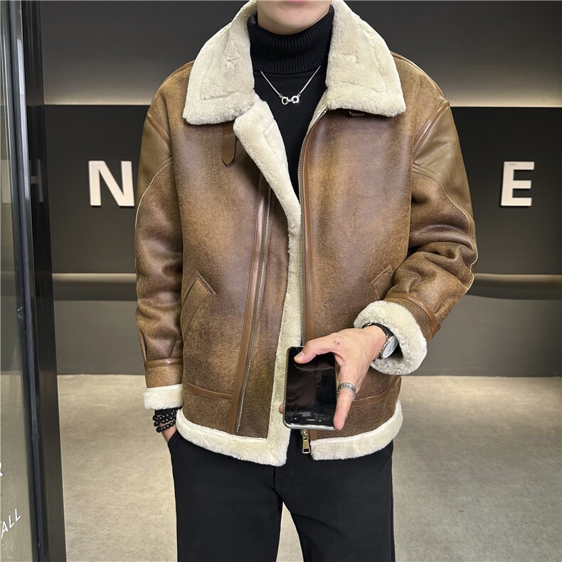 模特图冬季保暖外套皮毛一体加厚夹克羊羔毛外套白底8907p215，男装夹克，电商A203-1