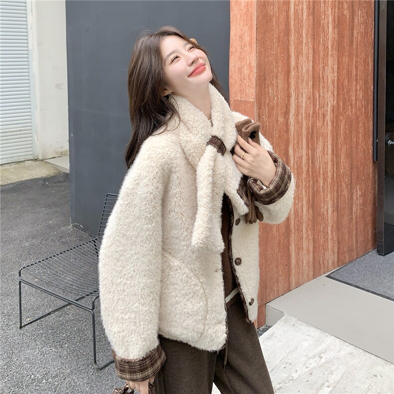 学院风减龄短款颗粒绒外套女冬2025新款巨好看独特漂亮围脖款上衣,女装短外套,慧尚2-185