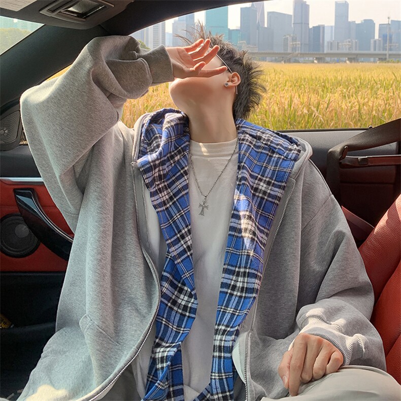 美式假两件连帽格子卫衣开衫男女宽松秋cleanfit外套W8895,男装卫衣,星座1116A-1（原606A）