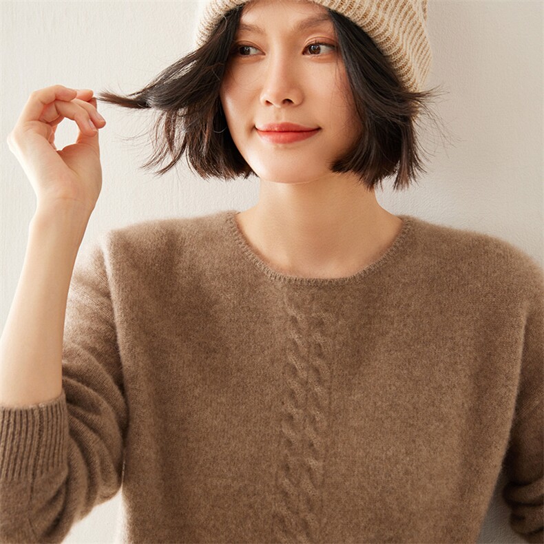 2024秋季新款圆翻领长袖坑条修身舒适35%羊绒衫,女装羊绒衫,七柒羊绒