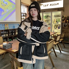 黑色短款皮毛一体羊羔毛厚外套女秋冬2024新款超好看加绒机车棉服，女装短外套，2C129