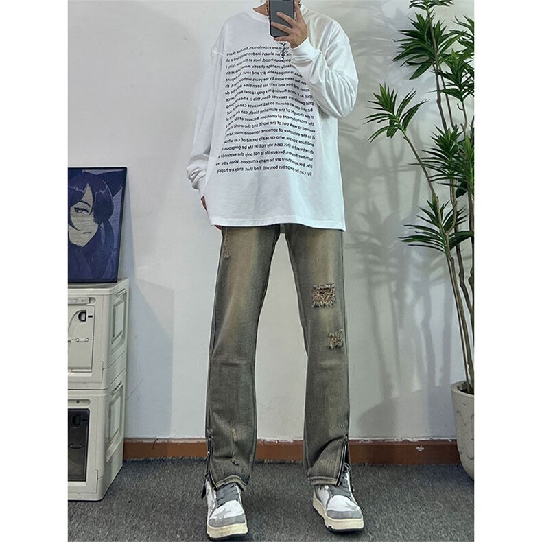 欧美hiphop街头破洞牛仔裤直筒微喇叭修身vibe美式乞丐裤潮牌,男装牛仔裤,星座310A-4