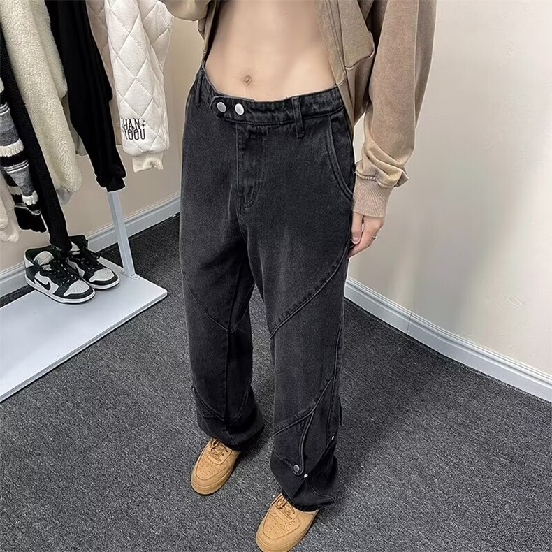 24年美式高街纽扣设计感牛仔裤男ins潮牌直筒显瘦微喇叭vibe裤子,男装牛仔裤,星座601-2