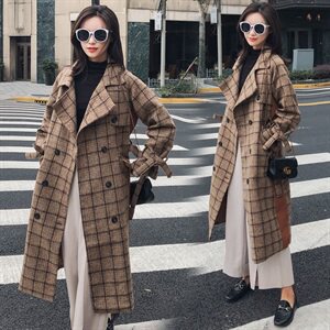 2021春装新款1853款格子长款拼接宽松毛呢大衣咖啡格呢子外套女装图片