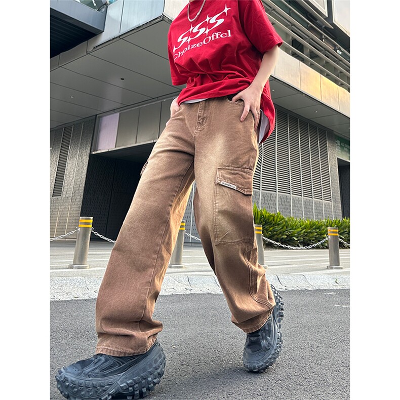 美式高街vibe风直筒长裤欧美痞帅男hiphop复古水洗拼接工装牛仔裤图片