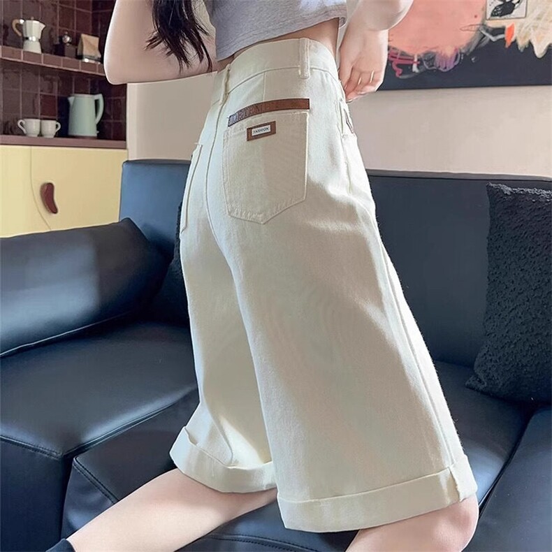 牛仔短裤女春季2025年新款高腰卷边宽松a字阔腿五分中裤,女装牛仔裤,星座506A
