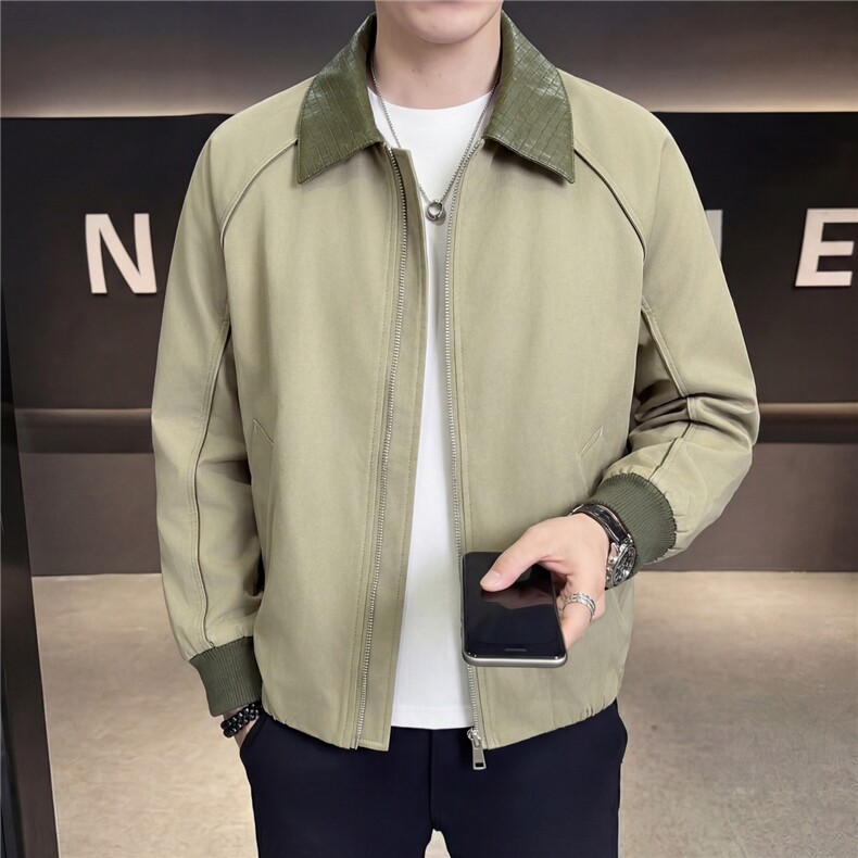 春款2026轻熟风抖音纯色休闲翻领拼皮夹克店主风A236-JK669-P130，男装夹克，电商A236
