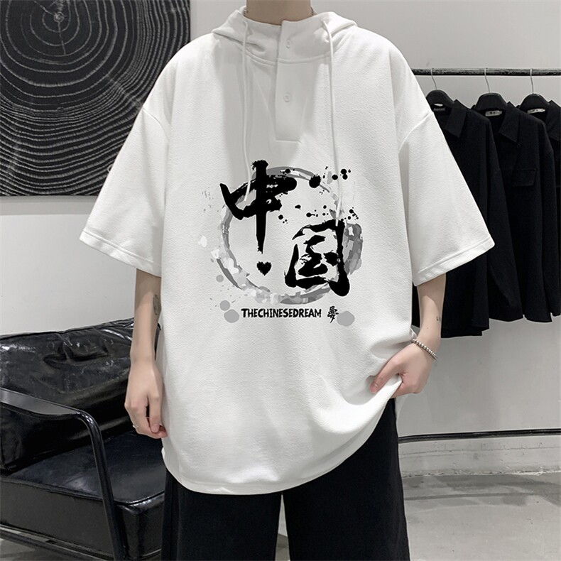 LD54134-P45连帽短袖t恤男大码胖子带帽五分袖中袖大皂风,男装T恤,电商A040