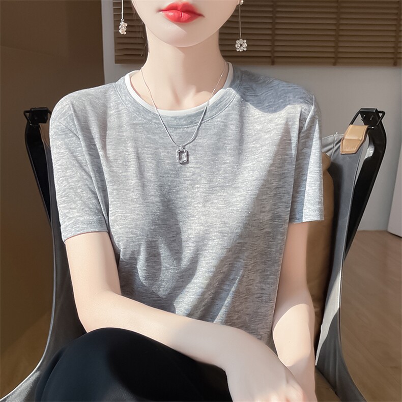 春秋短袖高档新款简约圆领薄款打底衫女t恤针织上衣,针织衫/毛衣,绒宛羊绒