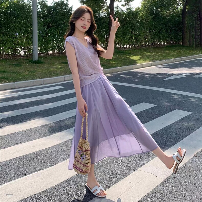 针织网纱半身裙女2026年夏季新款温柔慵懒风小个子韩版短袖两件套,女装套装/套裙,拾衣