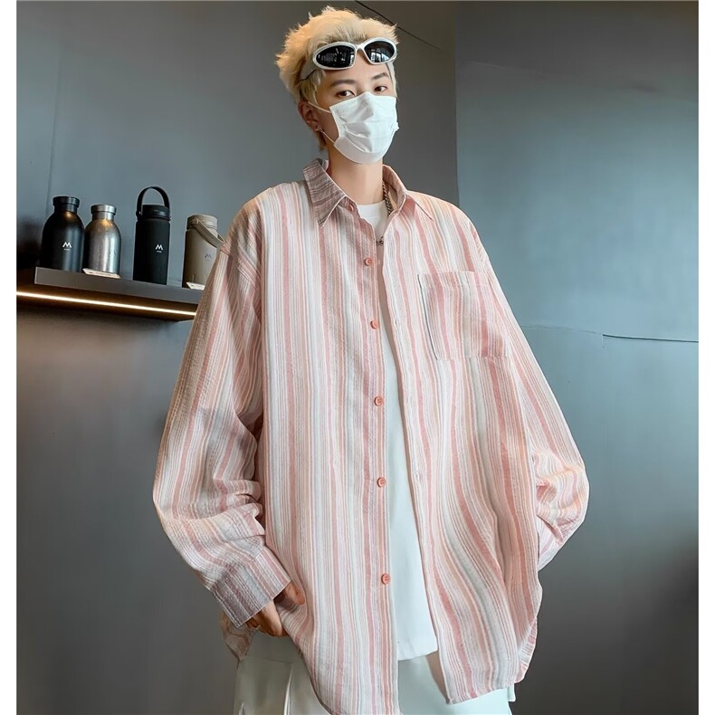 日系复古设计感条纹长袖衬衫男女春秋小众港风休闲衬衣潮C152/P40,男装衬衫,星座506