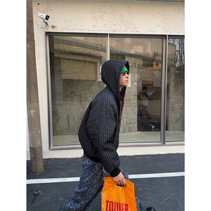 美式复古连帽豹纹绒牛仔条纹棉服男冬季工装棉衣外套LS50399-p115图片