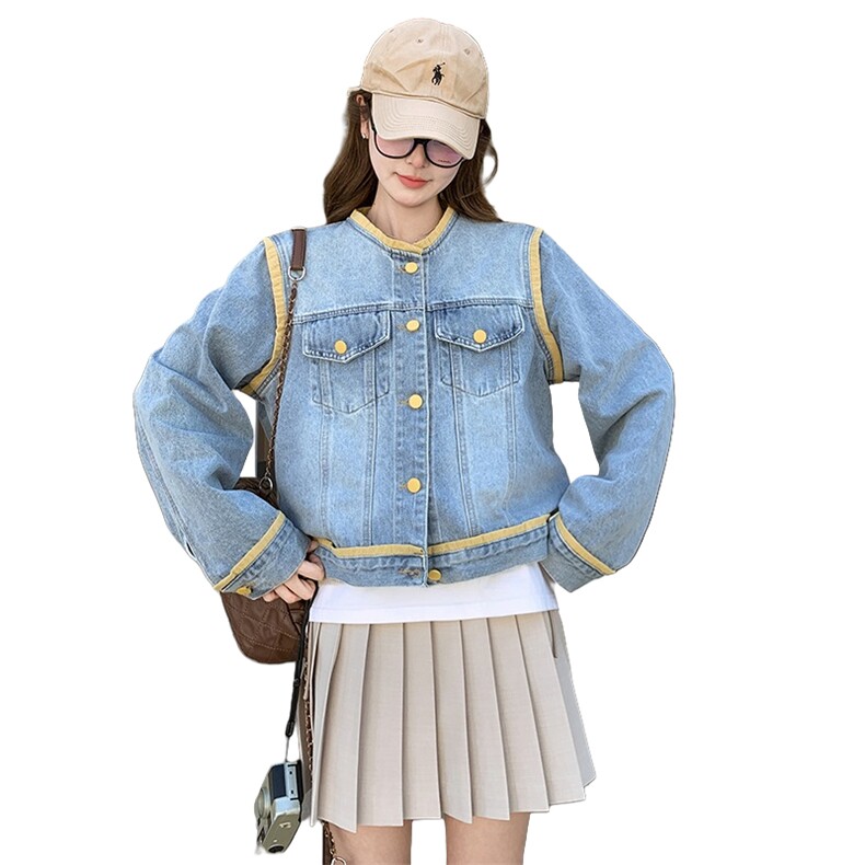 韩版休闲圆领撞色牛仔外套女春季2025新款小个子宽松百搭短款夹克,女装短外套,2C057