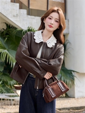 【春季女装新款】2026时尚洋气韩版花边翻领宽松短款拉链皮衣外套，女装皮衣，冬木谷雨