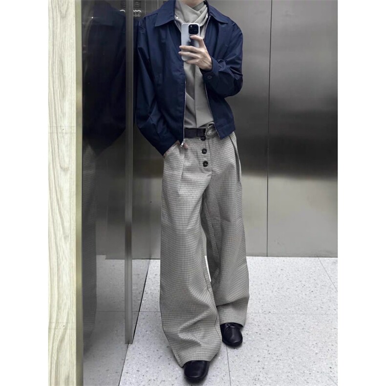 美式复古千鸟格西装裤男女款春秋潮牌宽松休闲百搭直筒阔腿长裤子图片