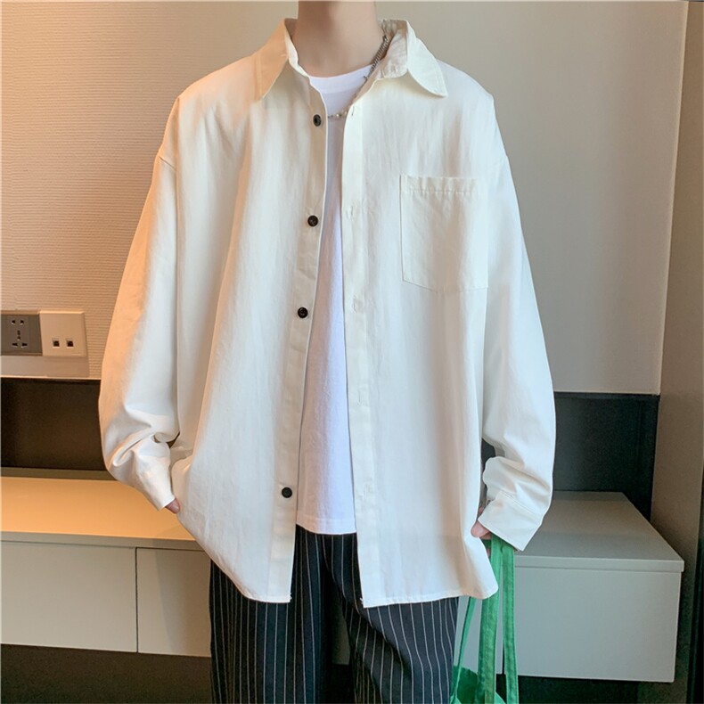秋季ins港风纯色基础款排扣开叉长袖衬衫慵懒休闲衬衣W1783-P34,男装衬衫,星座512-4