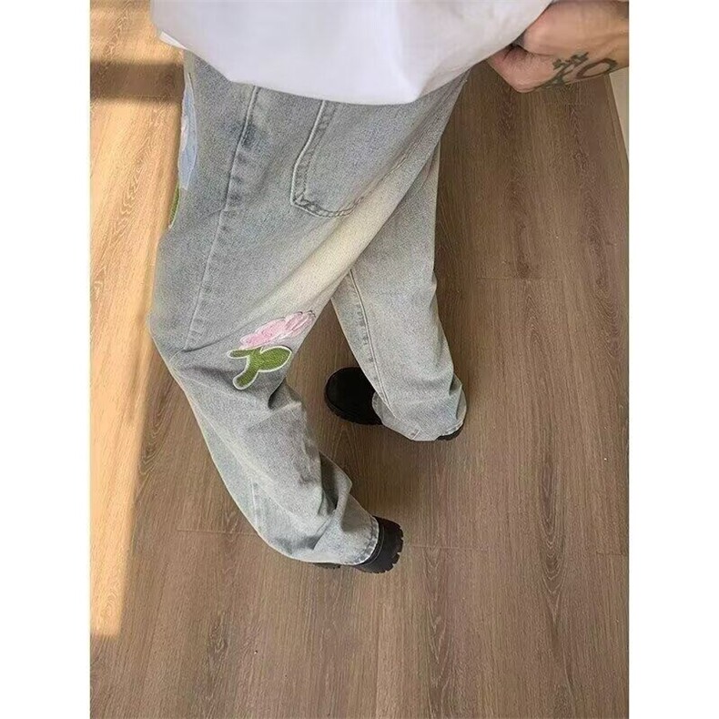 美式高街花朵刺绣微喇牛仔裤宽松直筒休闲水洗设计感长裤NKK10P55,男装牛仔裤,电商D256-2(原A064-2)