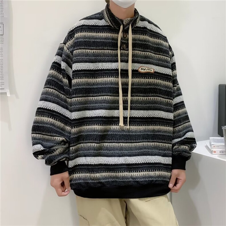 秋冬日系条纹宽松提花卫衣男潮流贴标情侣百搭针织上衣 W5477-P38图片