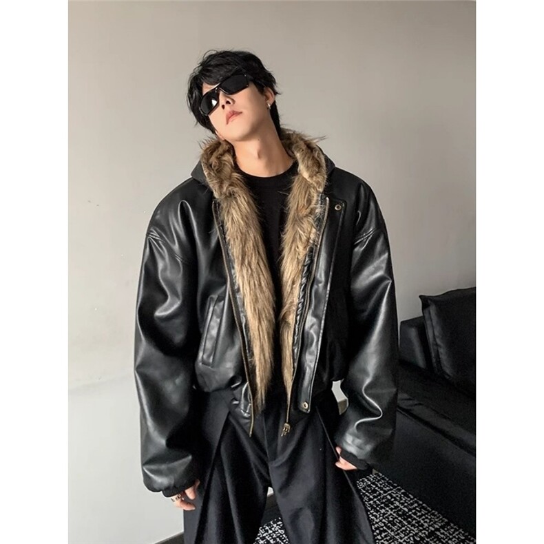 美式复古小众连帽皮草夹克男女bomber短款皮衣外套双面穿加厚棉服图片