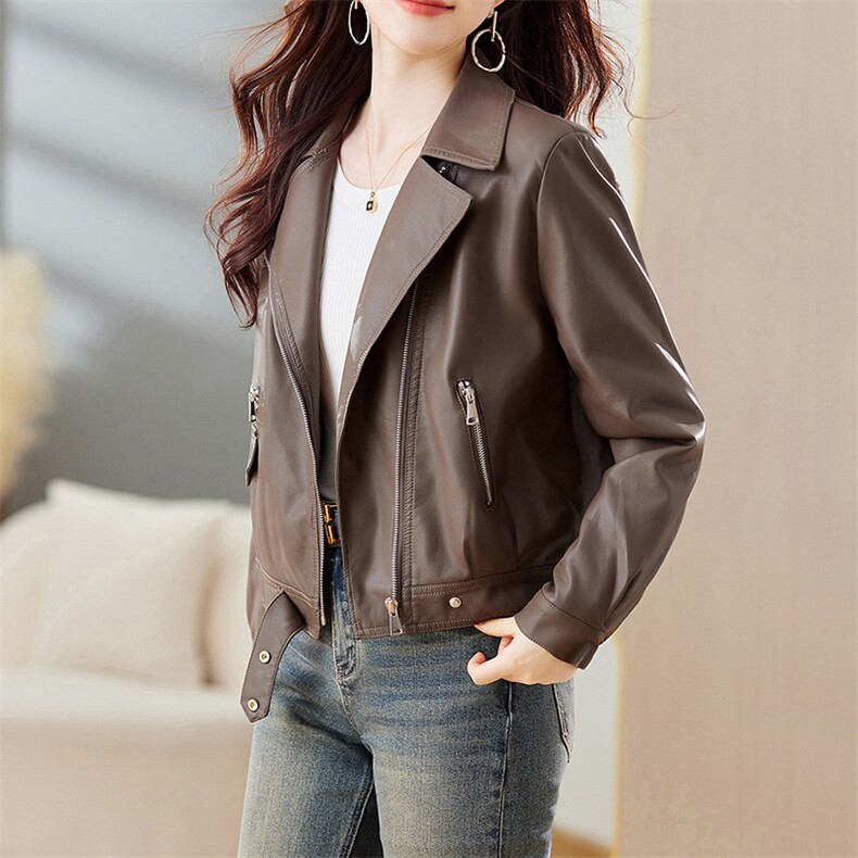 欧货皮衣外套女西装领机车服女士2023秋季新款pu皮夹克短款上衣潮,女装皮衣,江南女神