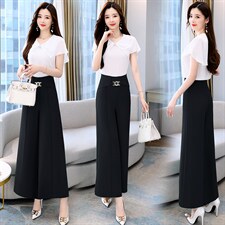 2023年夏季时尚潮流荷叶边拼接上衣+休闲阔腿裤两件套，女装套装/套裙，时尚俏佳人