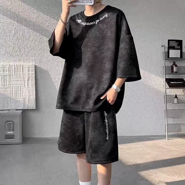 美式高街扎染套装男生痞帅设计感刺绣t恤夏季潮牌大码短袖短裤男,男装休闲套装,星座1210-1