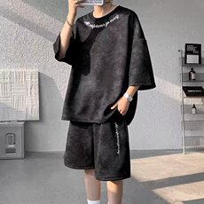 美式高街扎染套装男生痞帅设计感刺绣t恤夏季潮牌大码短袖短裤男，男装休闲套装，星座1210-1