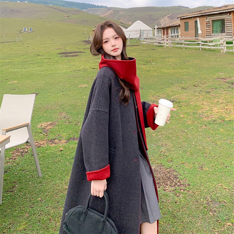 赫本风圆领撞色双面羊绒大衣女秋冬超火好看高级感中长毛呢厚外套,女装羊绒大衣,2B109