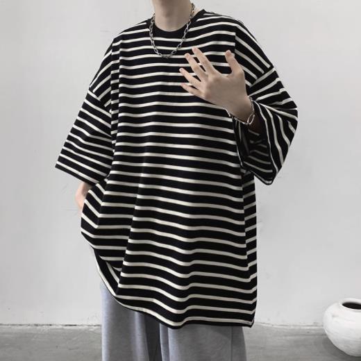 JQ326纯棉条纹短袖男生新款美式复古重磅恤高街潮牌宽松半袖体恤,男装T恤,星座308A-1（原309B-1）