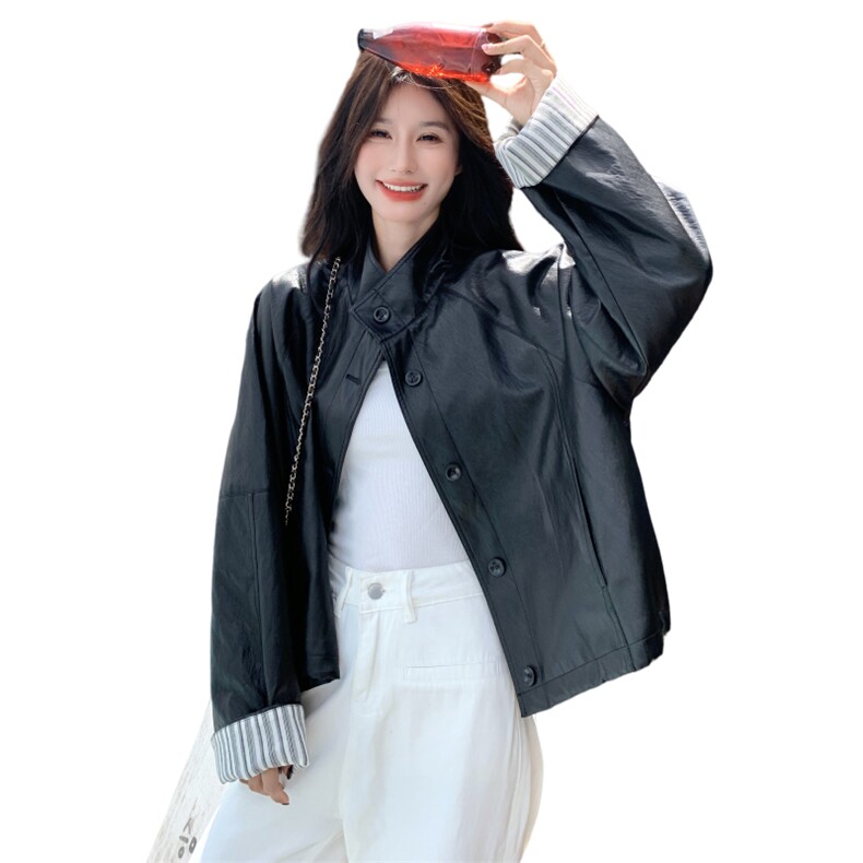 条纹拼接皮衣外套女春秋2025新款爆款机车服pu皮夹克小个子流行,女装短外套,2C166