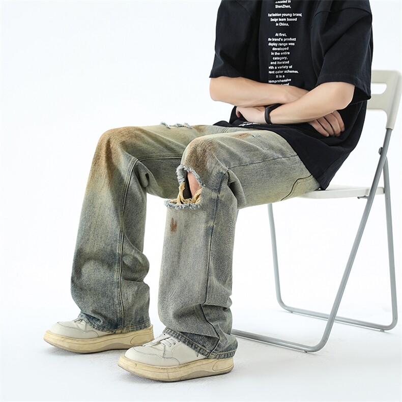 B221美式ins高街暗黑宽松直筒破洞喷墨乞丐牛仔裤LK24202-P60控78,男装牛仔裤,电商B221